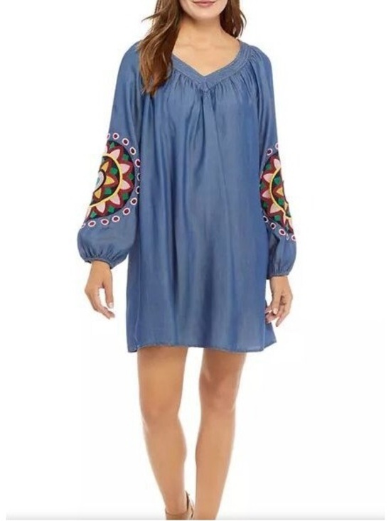 crown & ivy Dresses & Skirts - NWT Crown & Ivy Blue Embroidered Long-Sleeve Peasant Dress 100% Tencel